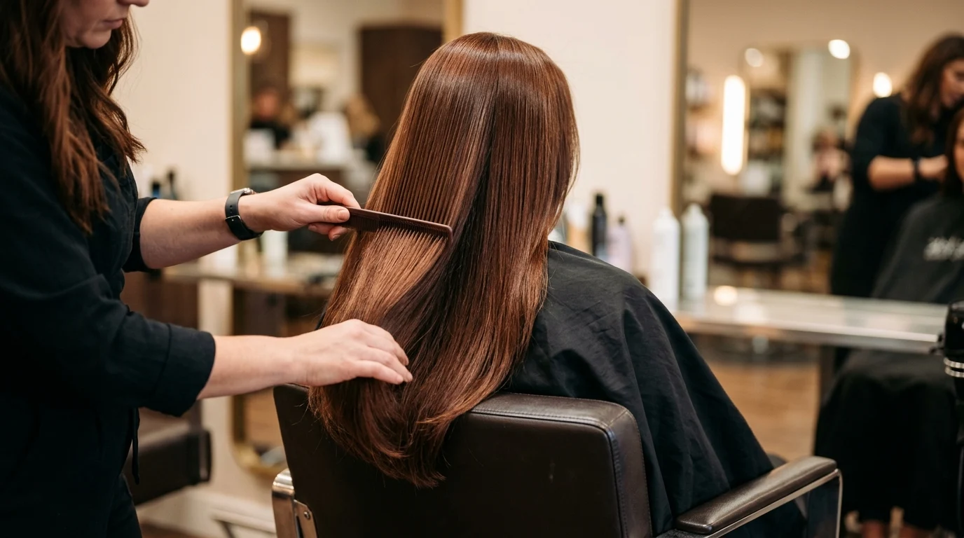Glossy chestnut hair being combed in a salon styling chair after coloring