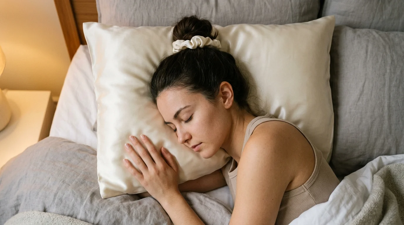 Protecting styled waves overnight on an ivory mulberry silk pillowcase.