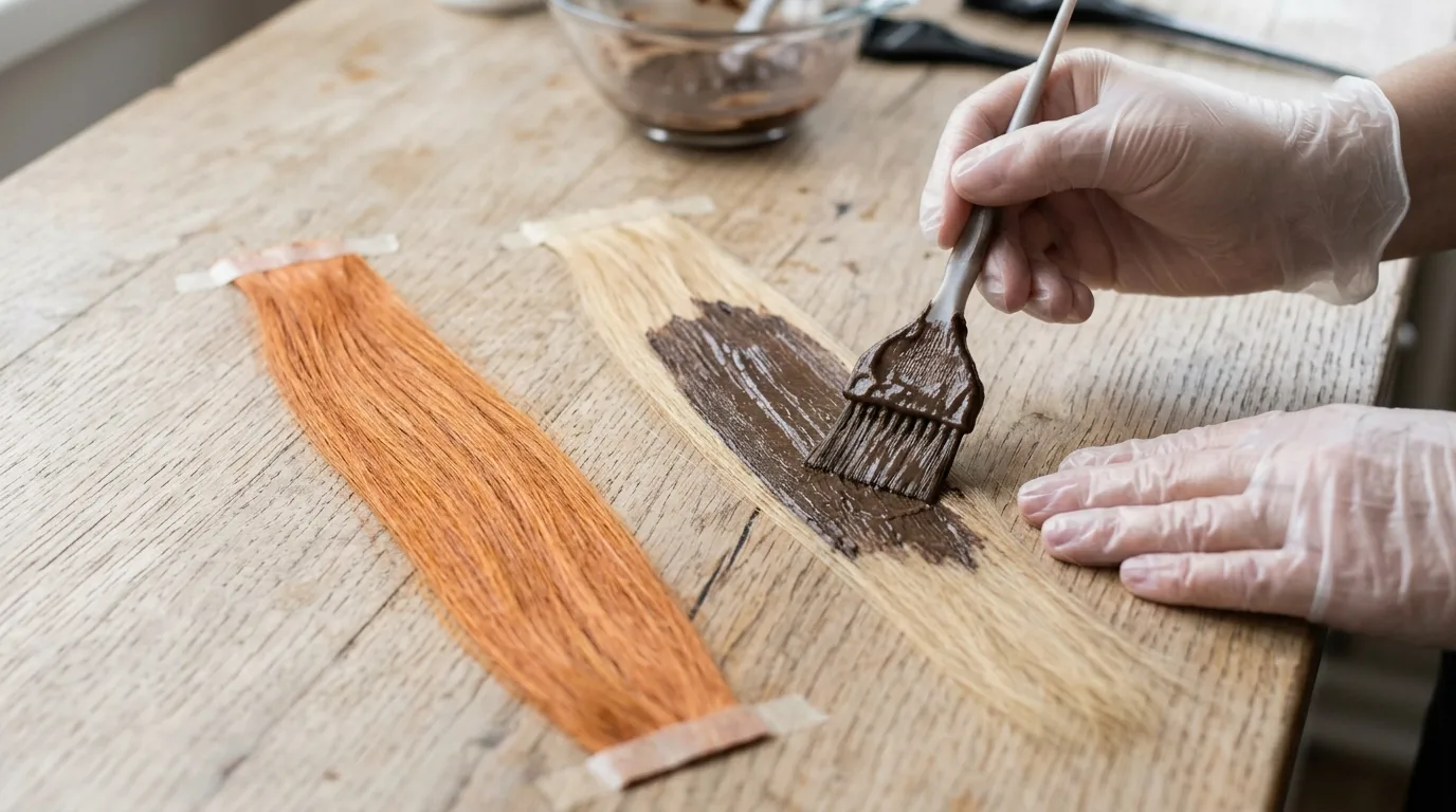 Filling highlighted porous strands with warm base pigment before dyeing to all-over brunette.