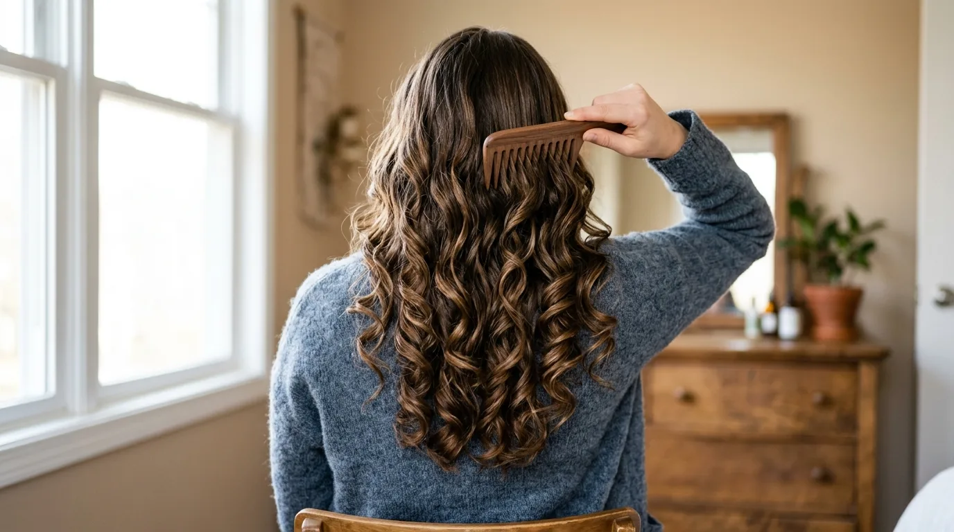 Wide-tooth wooden comb gently separating cooled curls into soft waves without causing frizz.