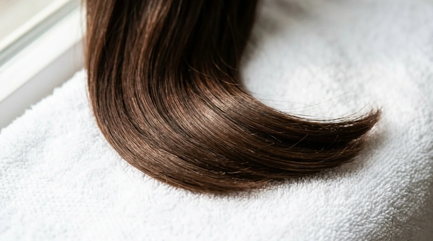 Restored chocolate brown hair ends resting on a clean white towel