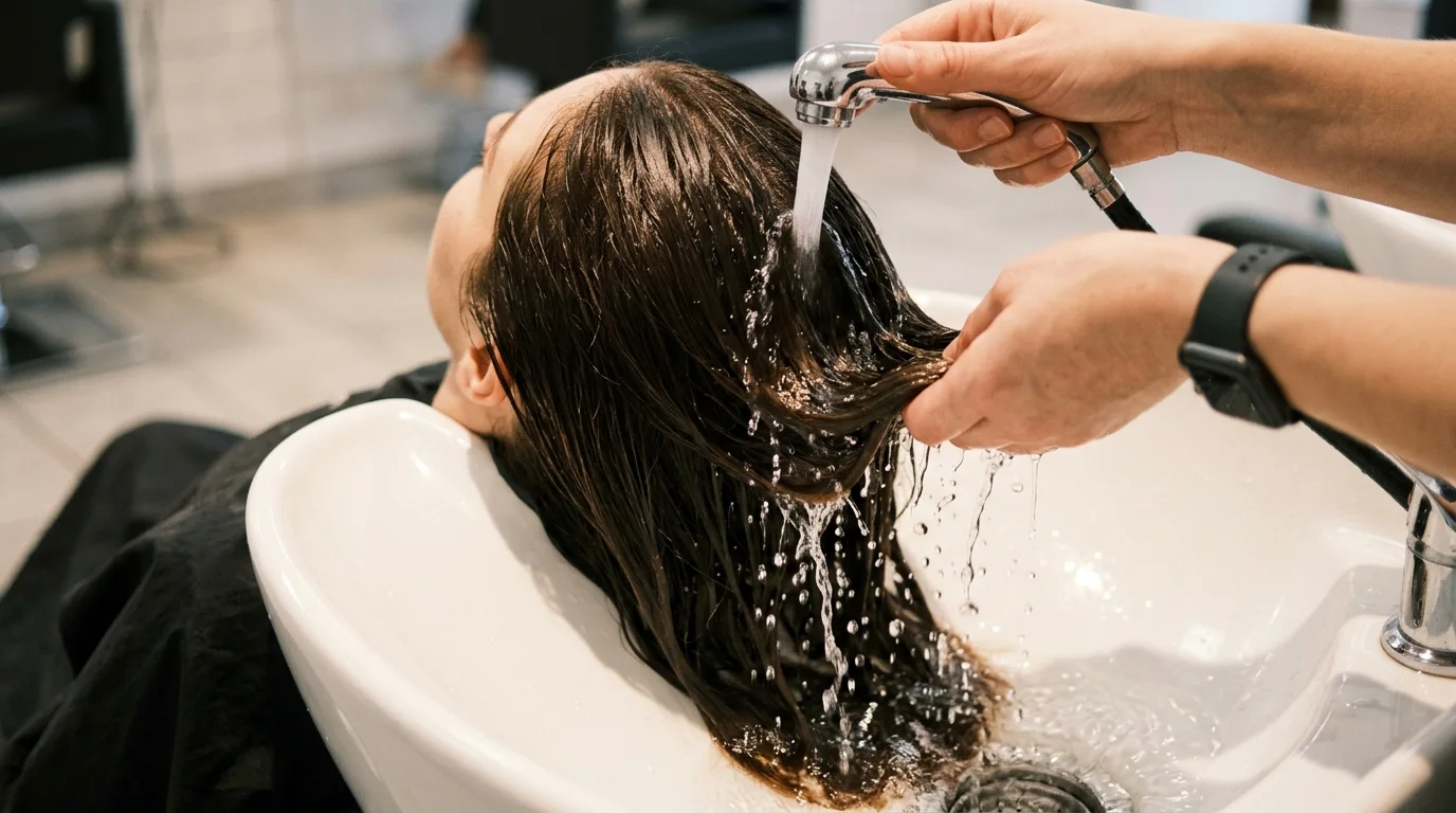 Dark brown hair being rinsed under a warm stream of water in a ceramic basin
