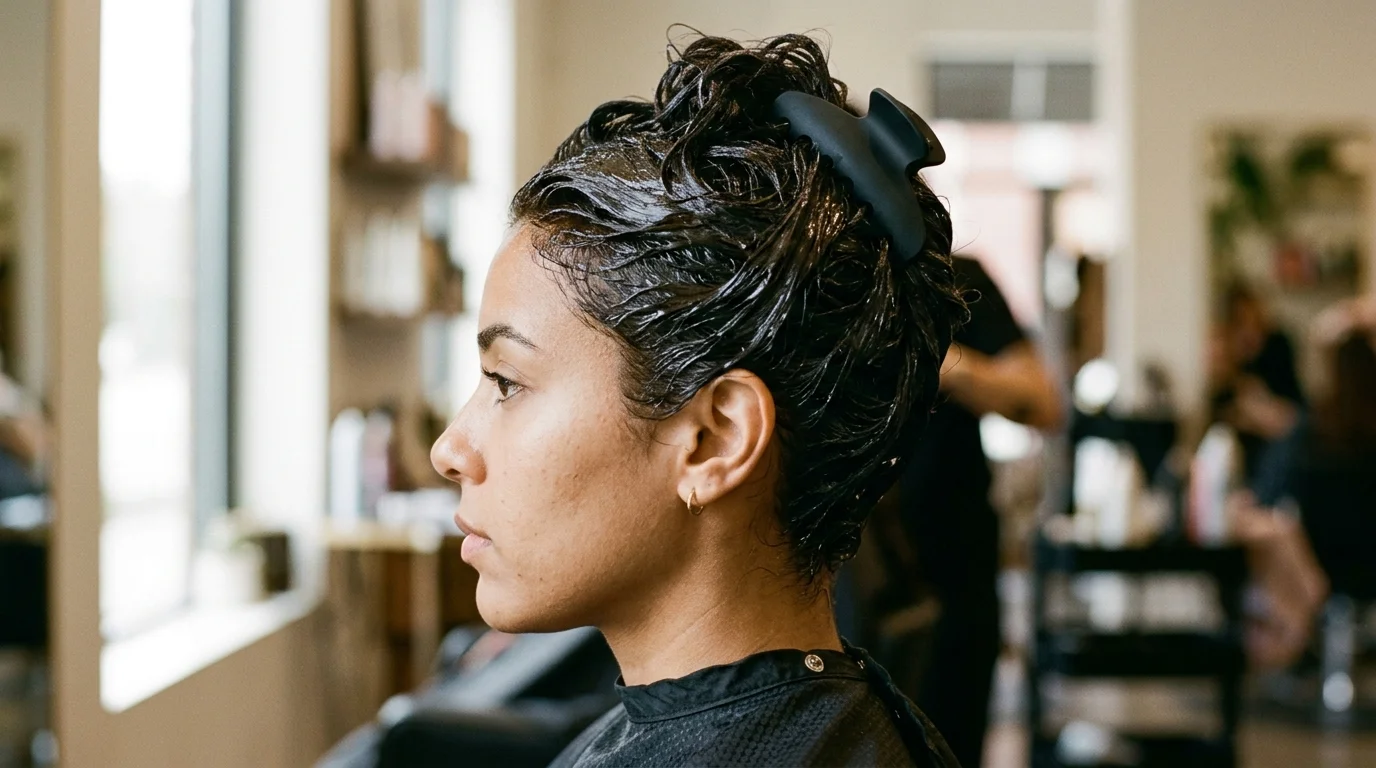 Rinsing fresh hair dye from dark strands in a white ceramic basin.