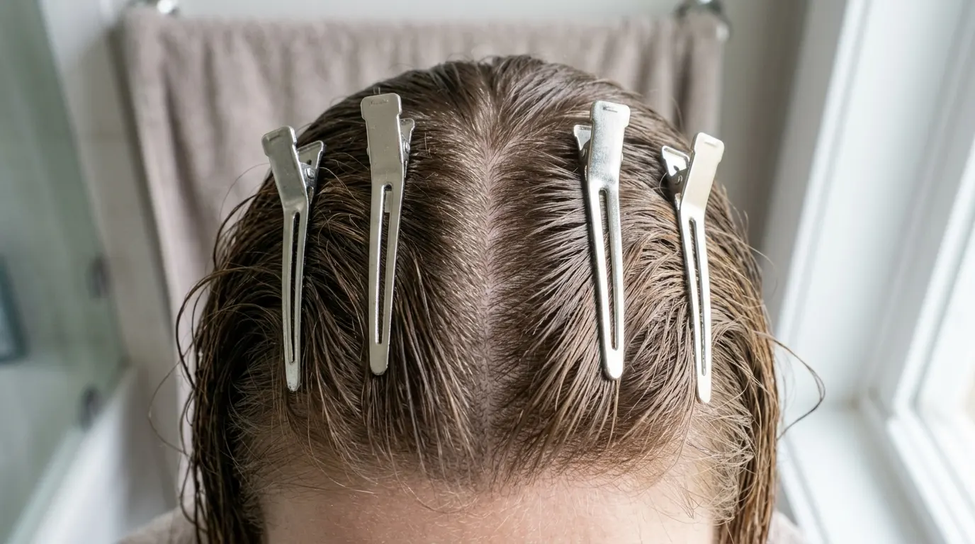 Silver salon clips holding hair roots upright at the crown for added volume.