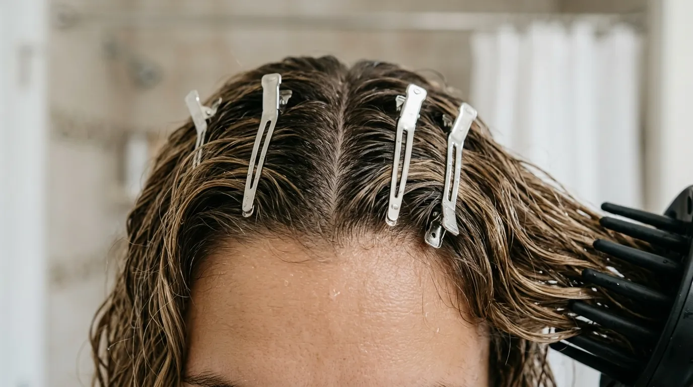 Metal duckbill clips propping up damp wavy hair roots at the scalp while being diffused.