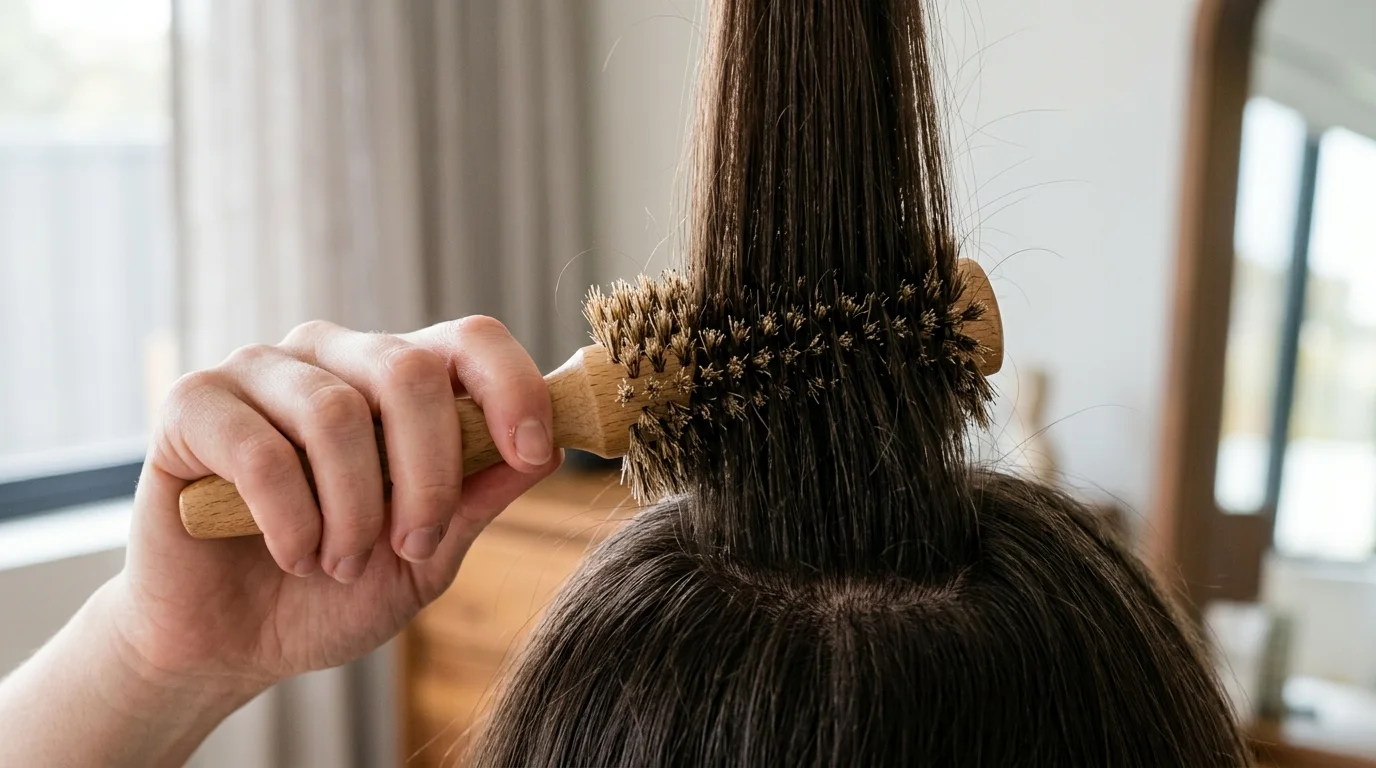 A wooden boar bristle round brush lifting a dense section of dark hair upward for maximum root height.