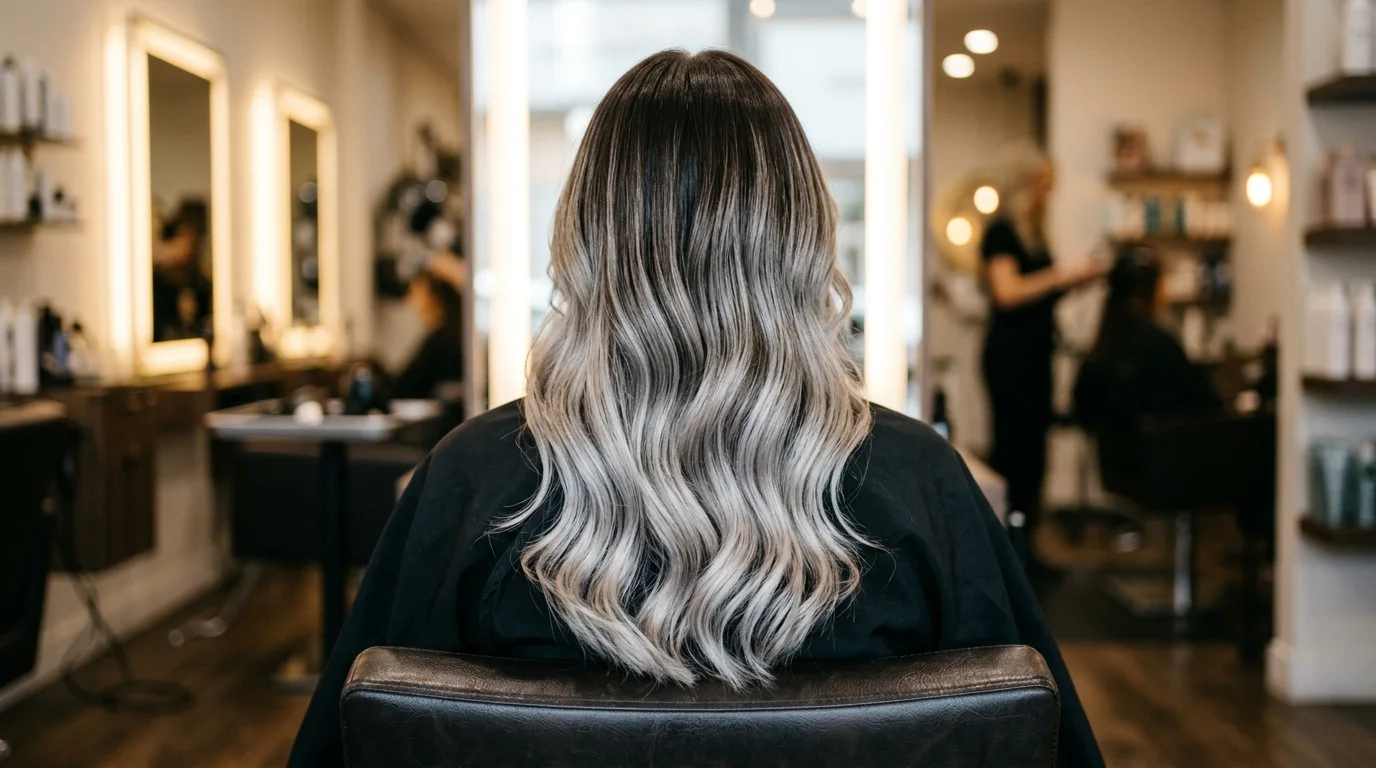 Finished gray blending service on dark brown hair seen from behind in a salon chair