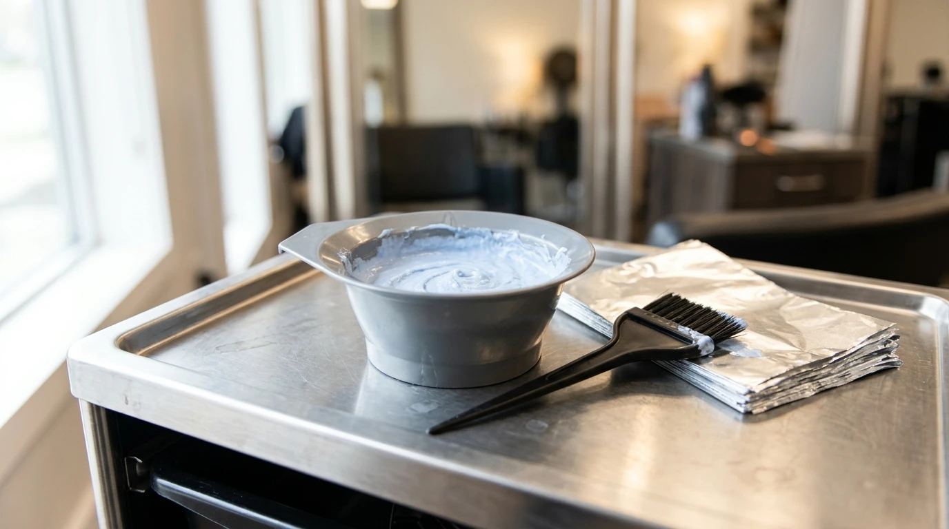 Salon mixing bowl with lightener and tint brush on a stainless steel cart for color correction.