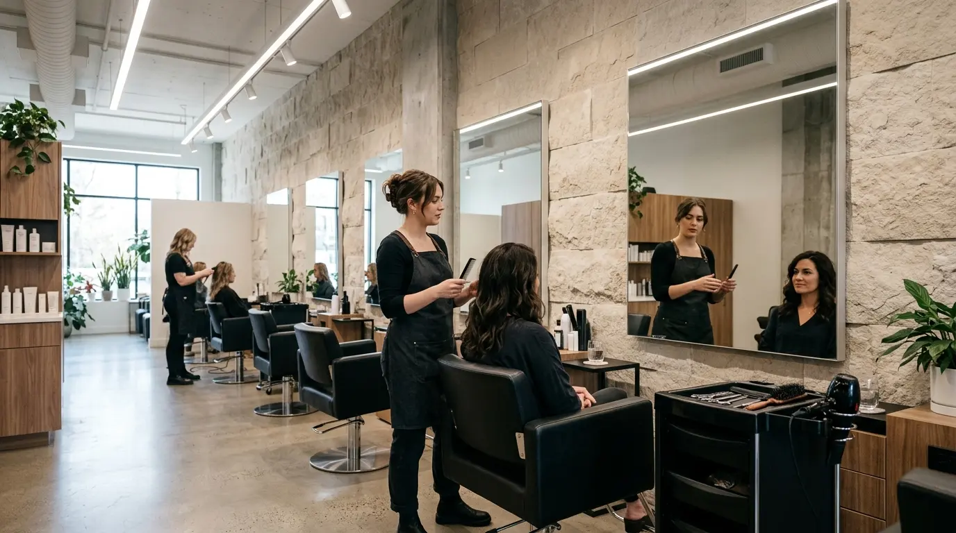 Hair salon styling chair and vanity mirror setup during a professional hair consultation.