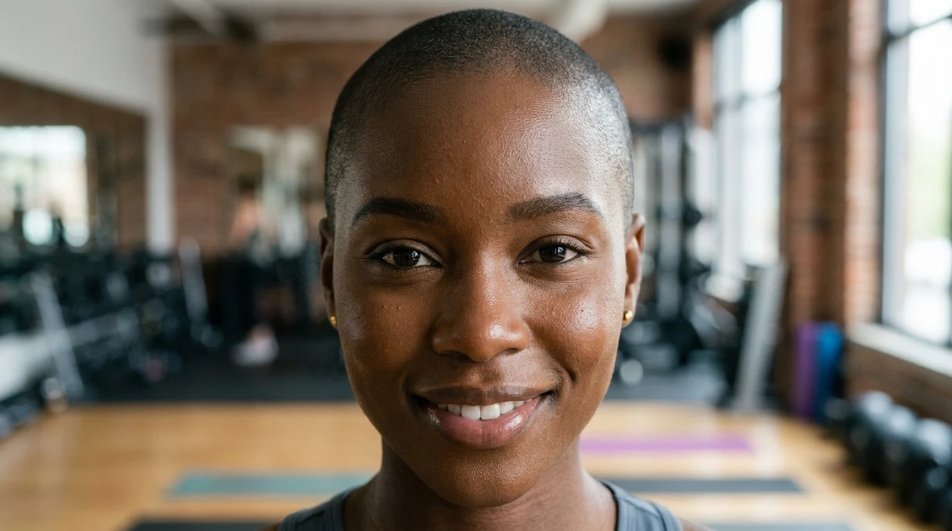 A woman with deep brown skin sporting a clean, sculpted buzz cut for an active lifestyle.