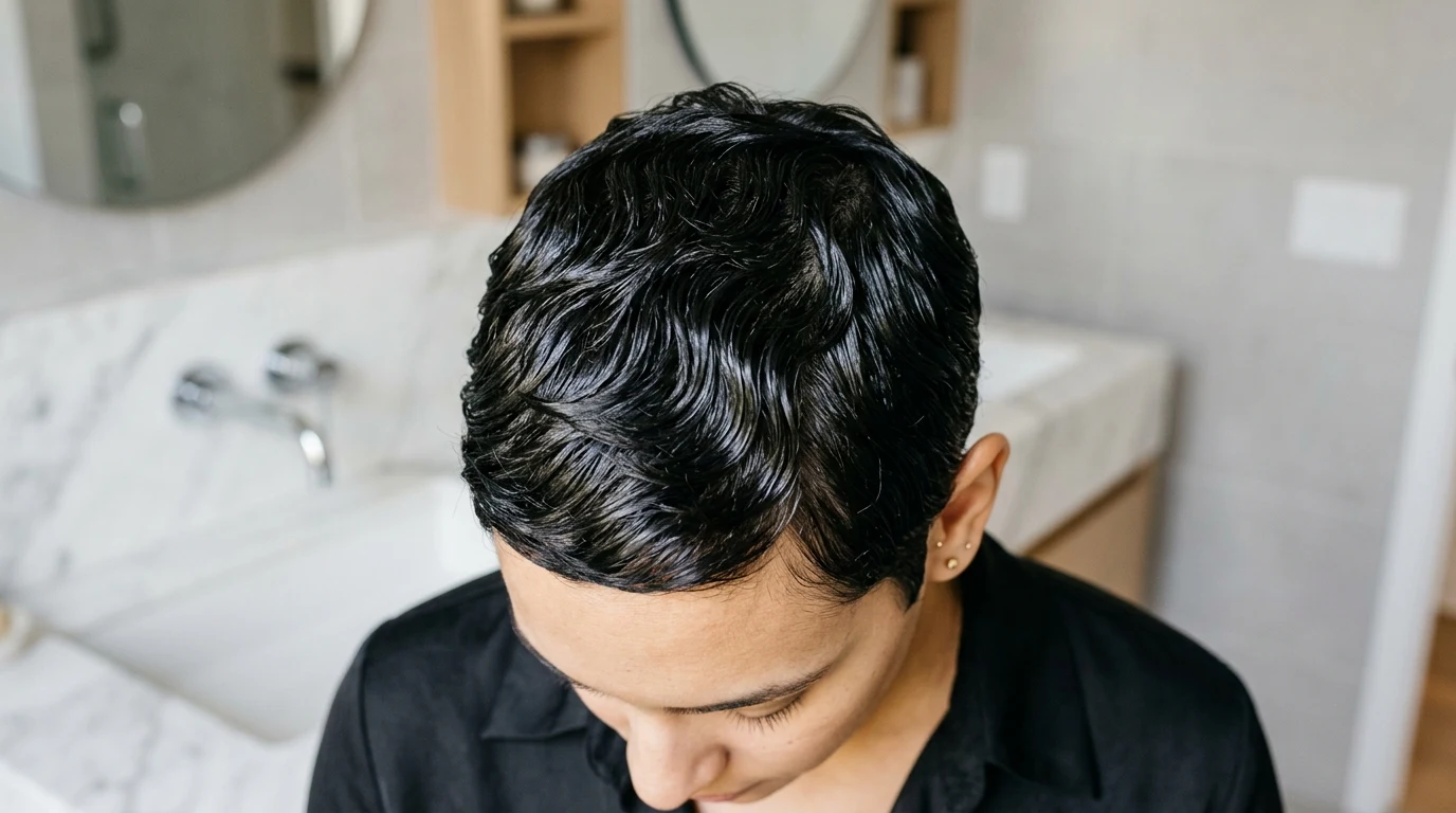 Overhead shot of glossy sculpted finger waves on a short cropped black hairstyle.