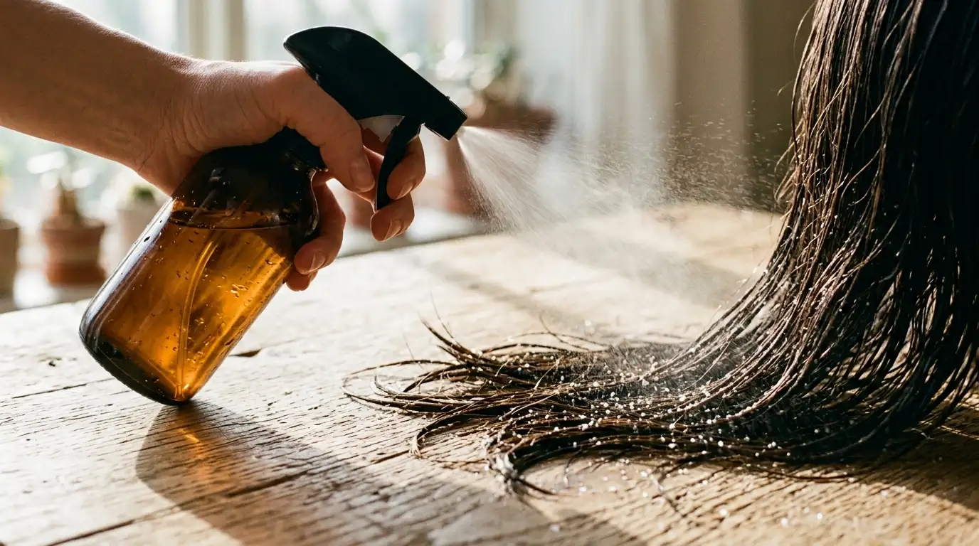Mineral sea salt spray misting onto straight hair strands to add structural grip and lift.