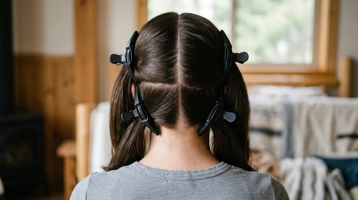 Back view of dark brown hair partitioned into four sections with alligator clips