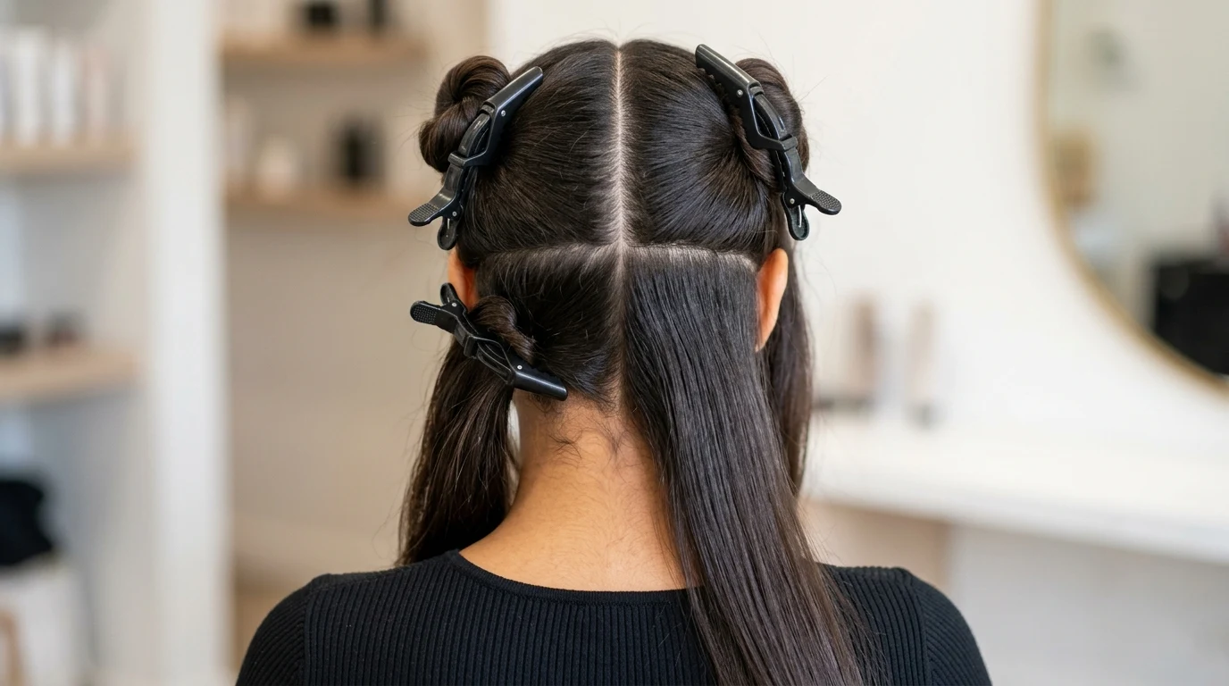 Dark hair parted cleanly into four quadrants with plastic clips.