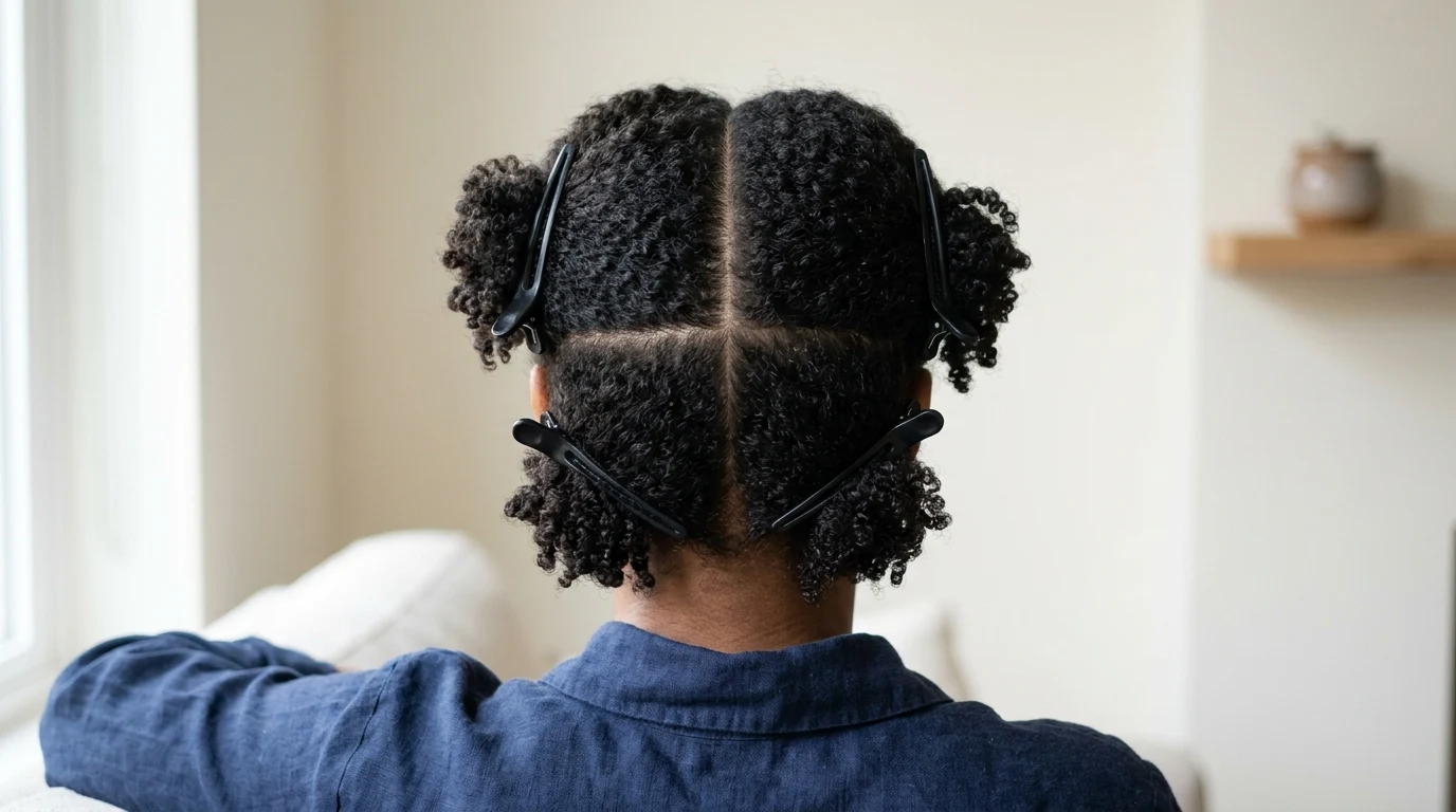 Back view of hair neatly divided into four clean sections with plastic alligator clips for styling.