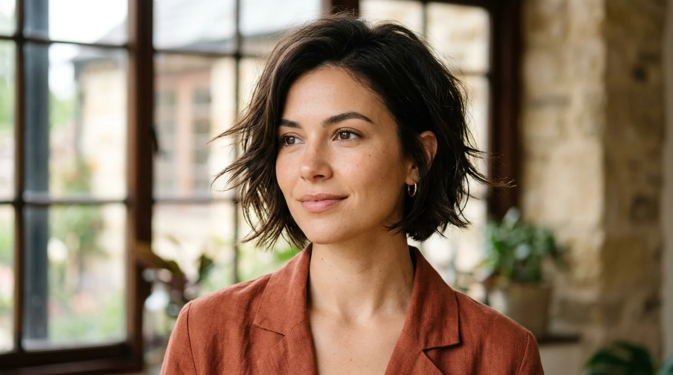 A shattered bob haircut with cheekbone volume designed to balance narrow facial proportions.