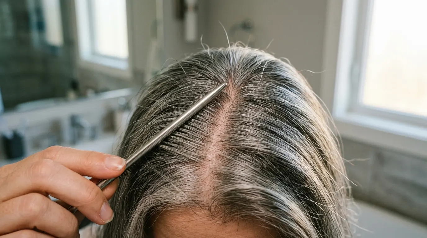 A clean metal comb shifting the part line of mature silver hair to reveal fuller root volume.