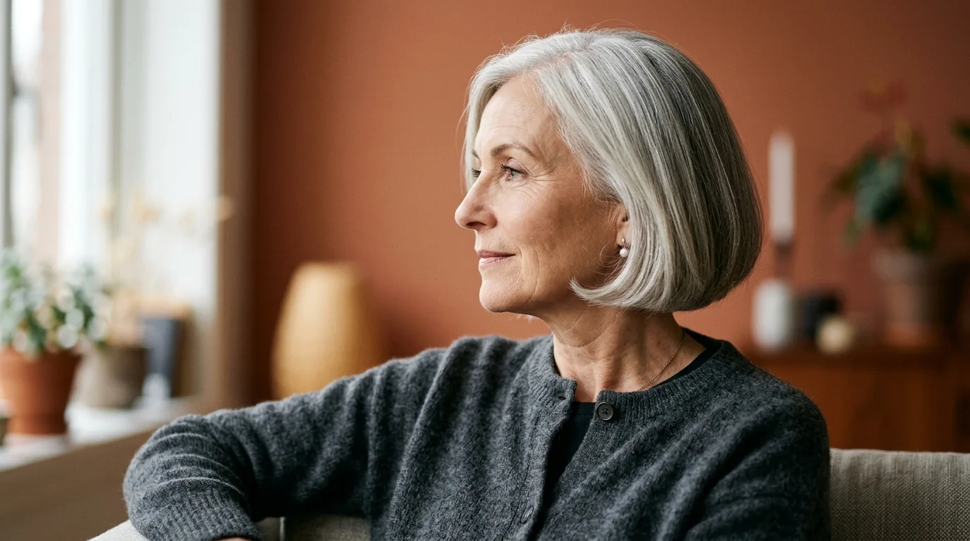 Elegant jawline silver bob cut on an older woman showing a crisp beveled bottom edge.