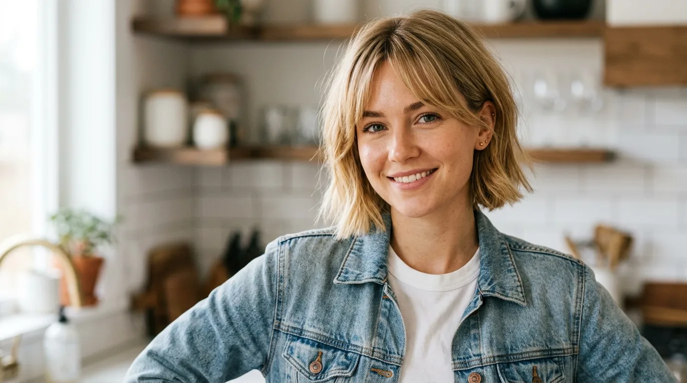 Front angled view of a chin bob paired with delicate parted curtain bangs.