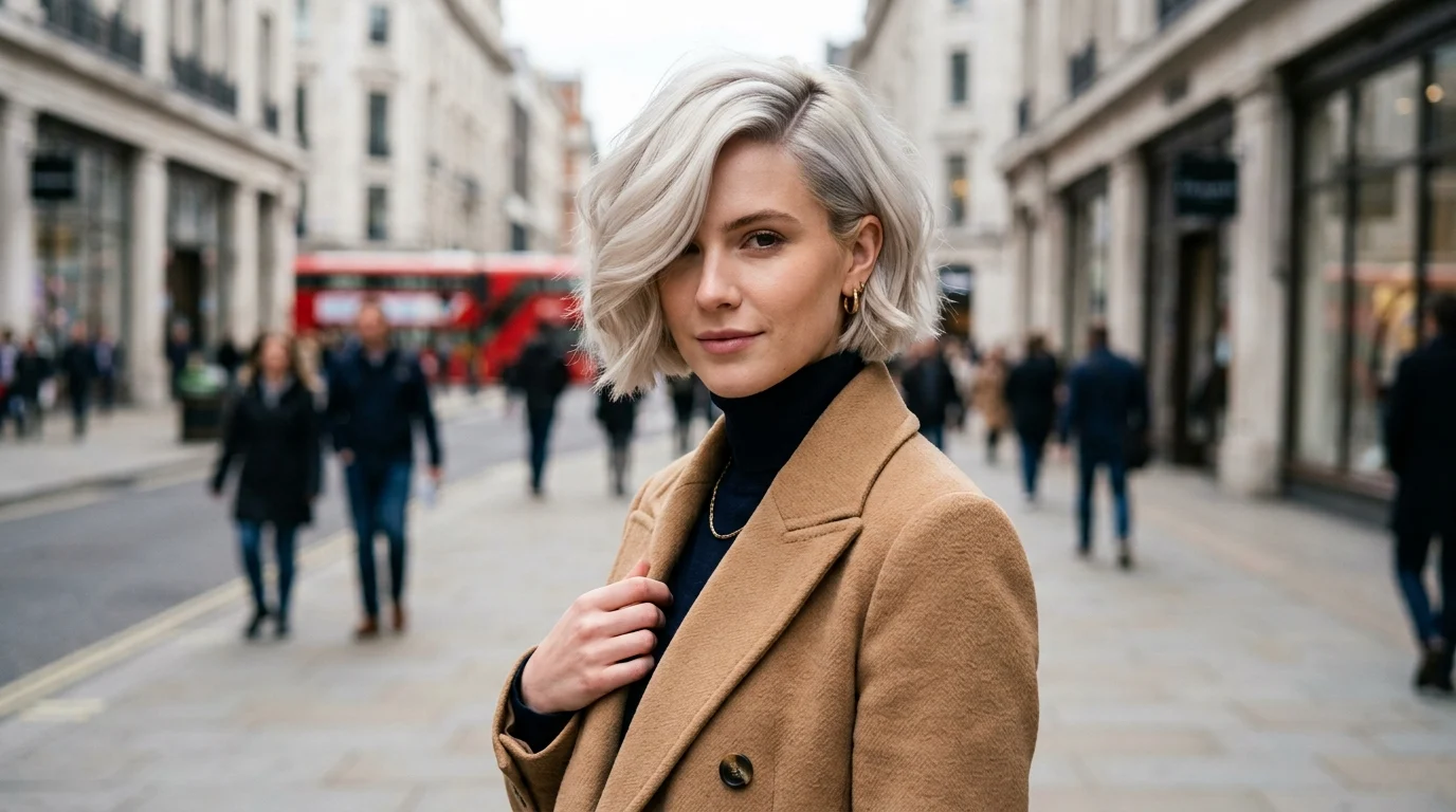 Deep side part styling on a short crop gathering noticeable volume on one side.