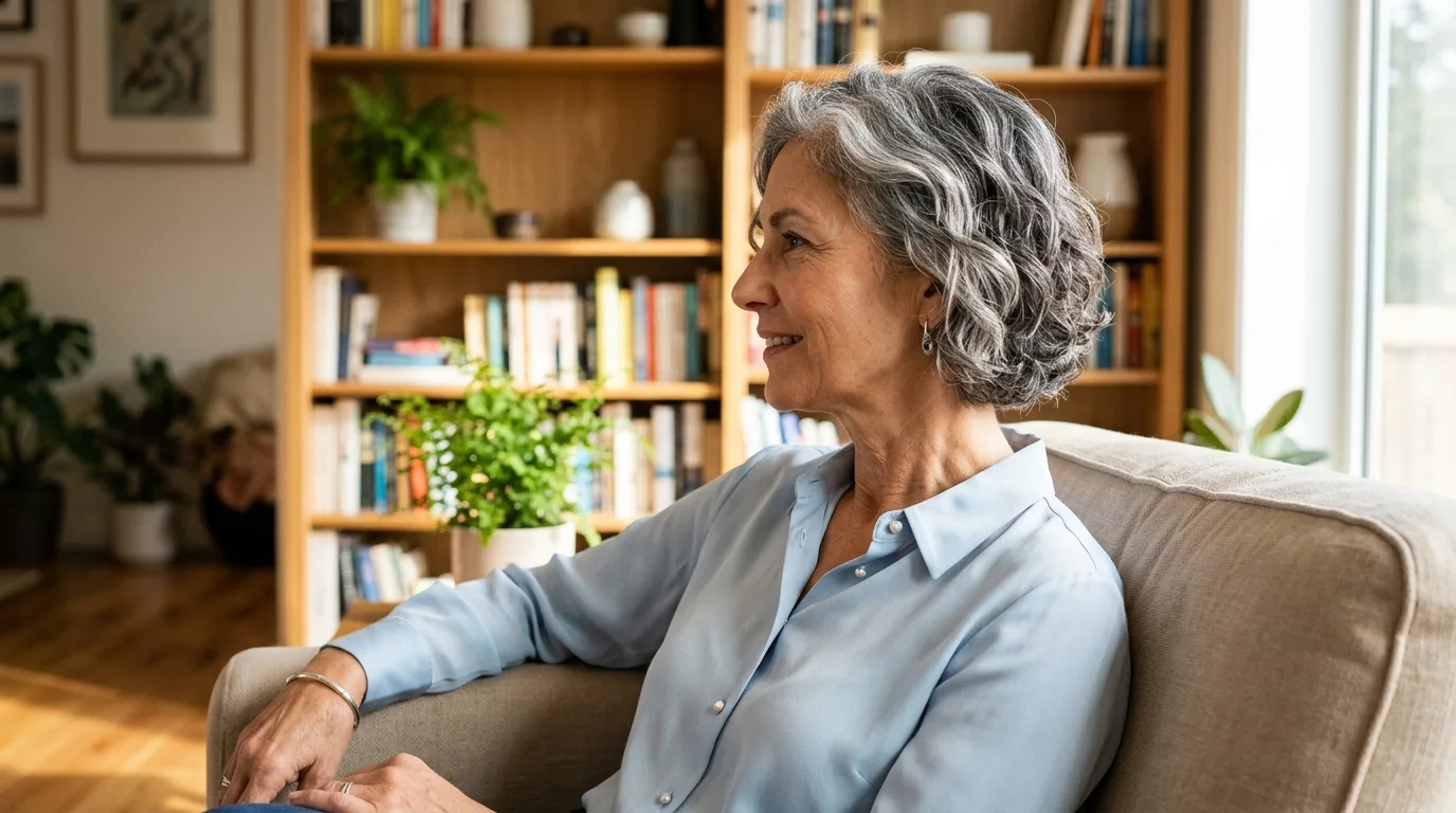 Naturally wavy chin-length crop on mature silver hair giving soft bounce to strands.