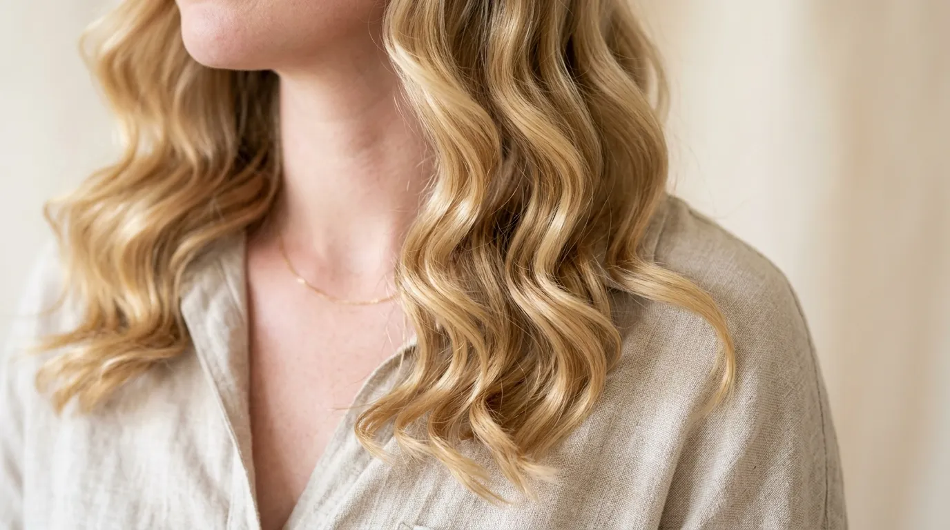 Shoulder-length fine hair transformed into voluminous loose body waves after a large-barrel salon perm.