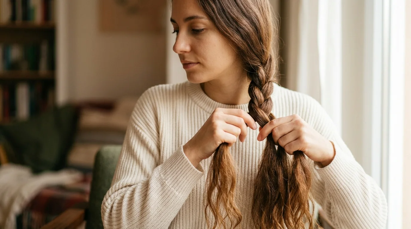 Textured side braid on shoulder length hair pinned neatly behind the ear.