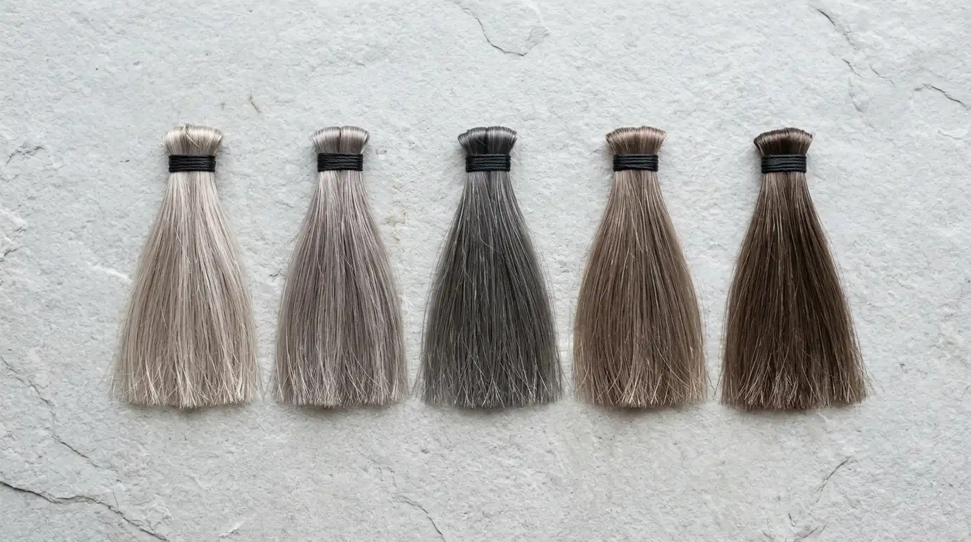 Cool toned hair swatches demonstrating ash and slate pearl gloss finishes