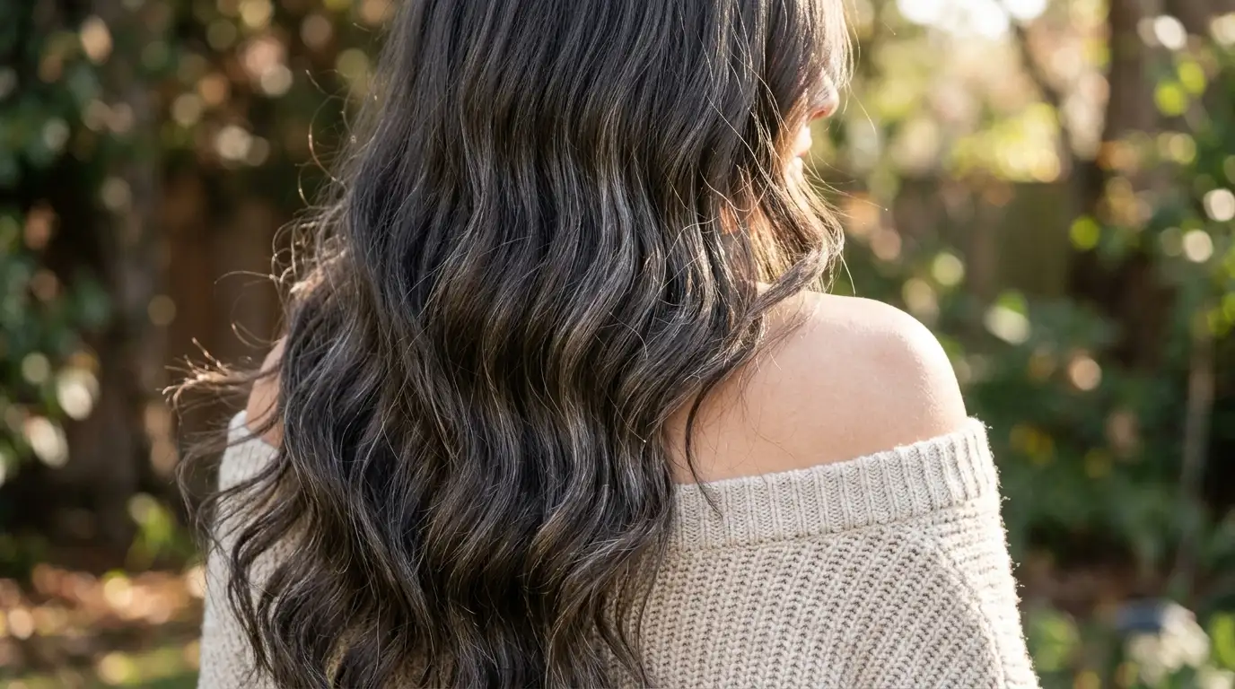 Long wavy smoked espresso brunette hair with cool charcoal reflects in soft natural light