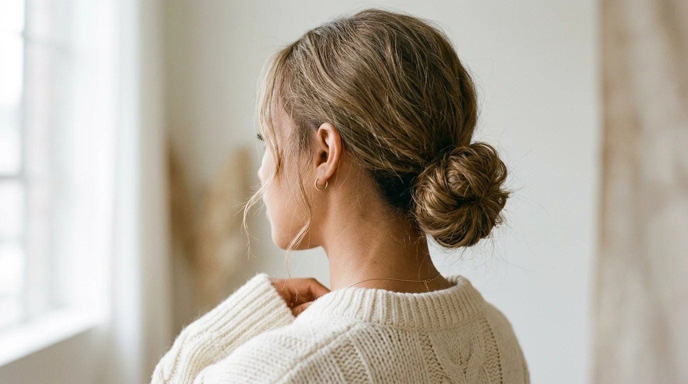 Low textured bun with soft face framing strands at the ears.