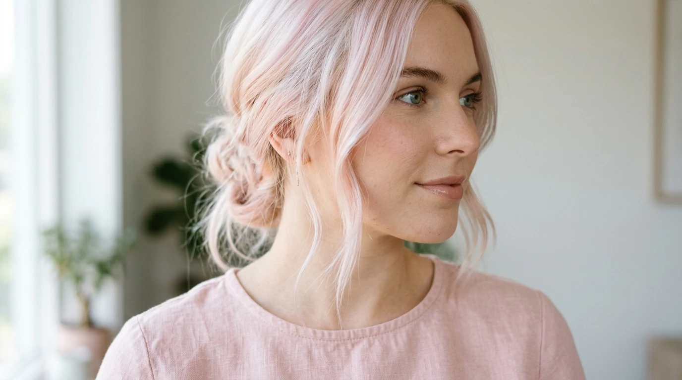 Pale blonde hair with subtle pastel rosé champagne gloss in natural daylight