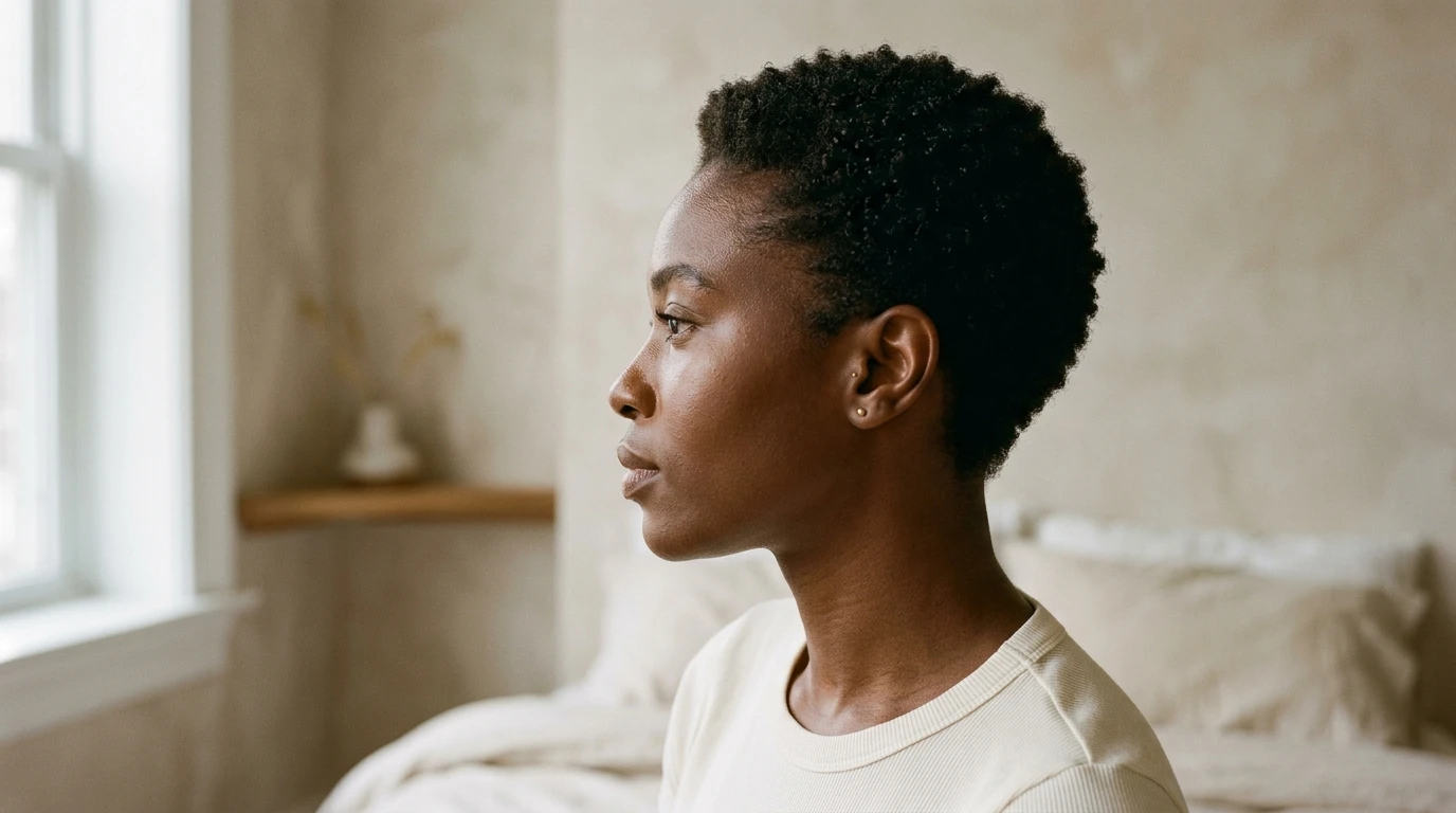 Profile of a black woman wearing a soft tapered afro cut on fine 4C natural coils.