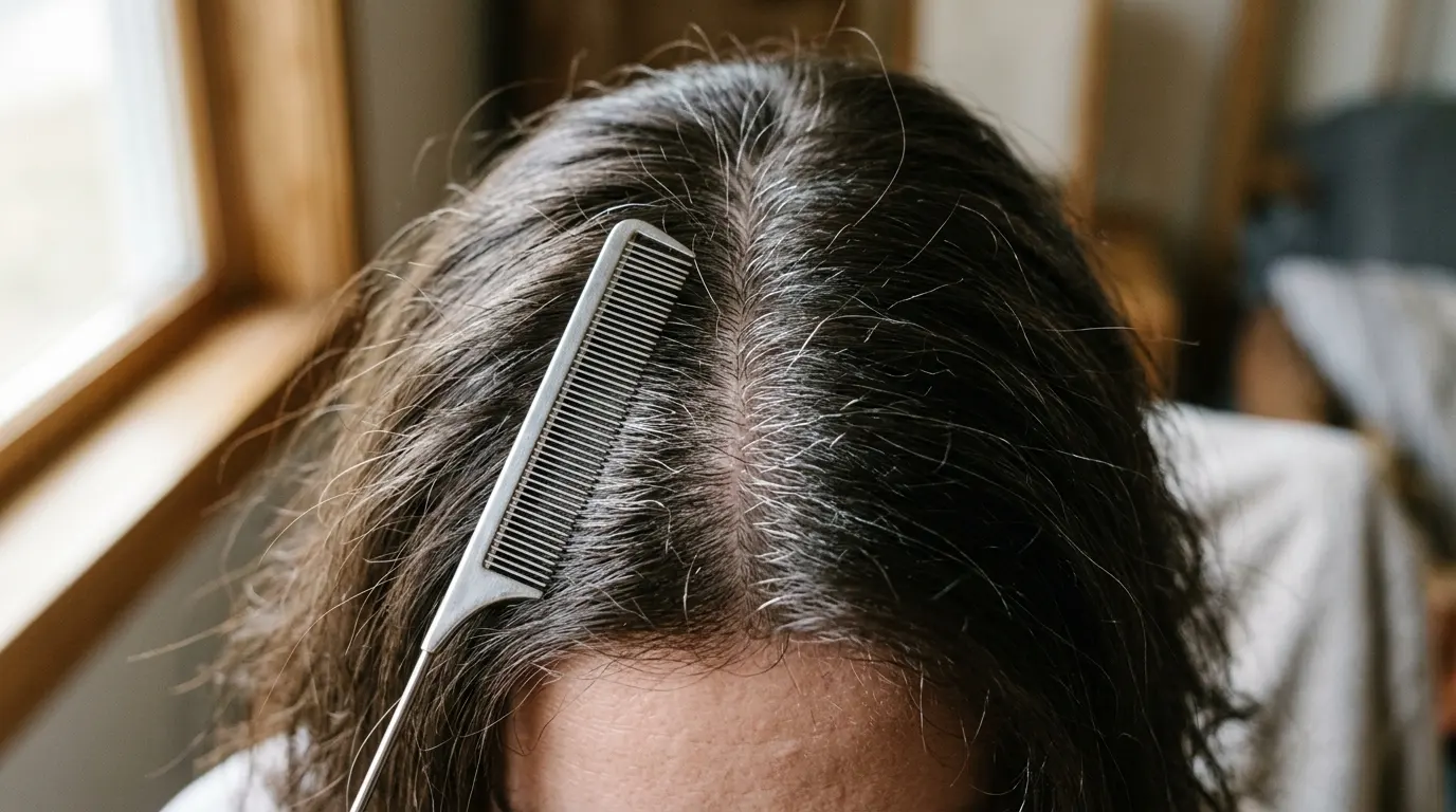 Close up view of natural silver regrowth along a dark brown hair parting