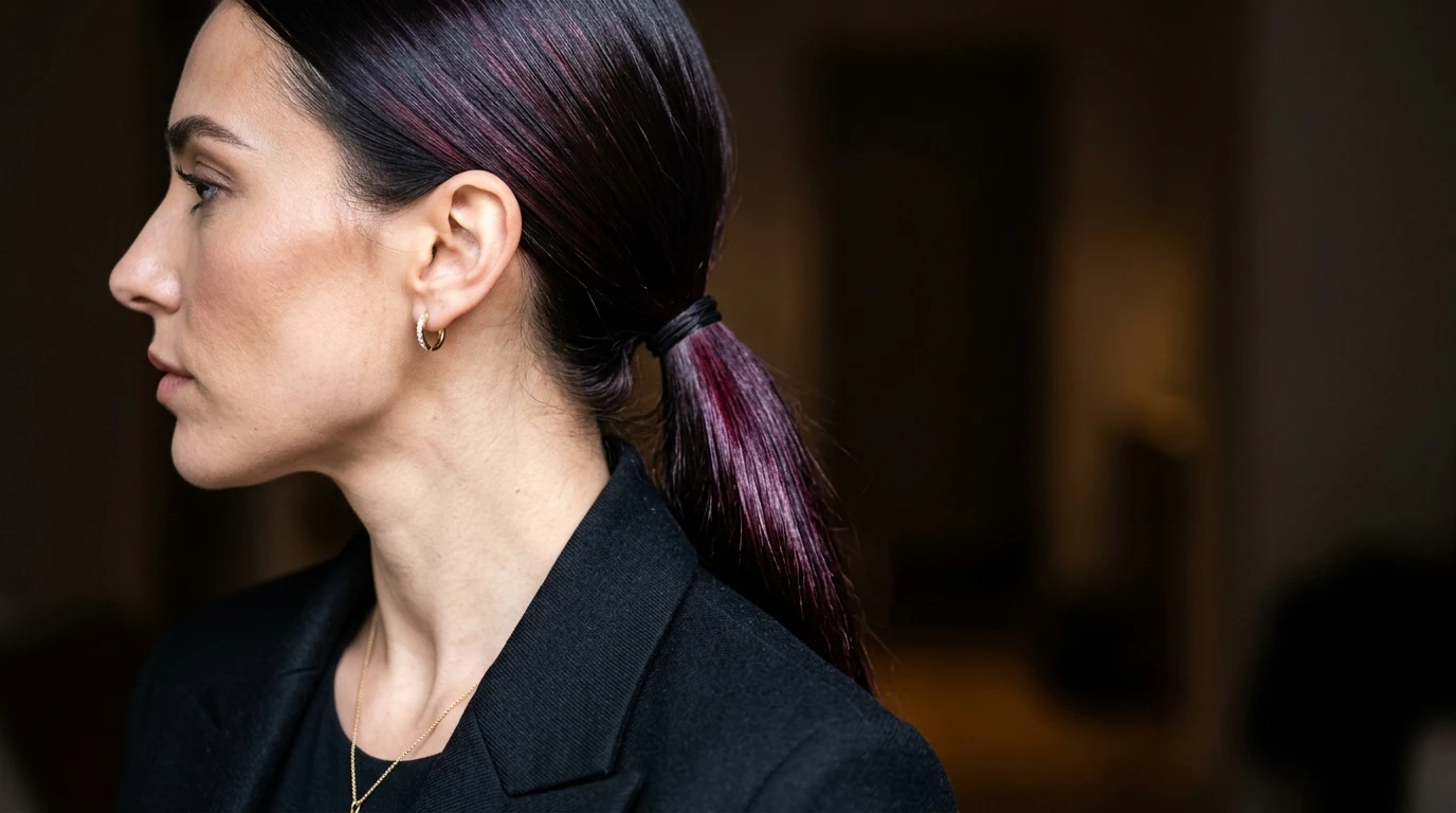 Sleek ponytail of deep black cherry hair with subtle burgundy reflections