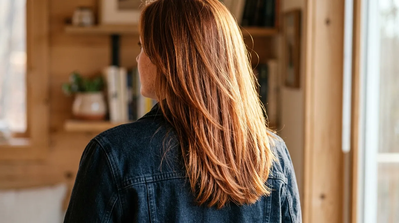 Layered terracotta copper hair displaying warm clay and amber reflections in daylight