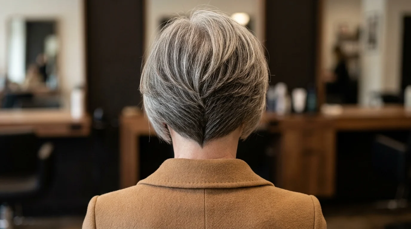 A precision stacked wedge haircut at the nape of the neck to build crown volume on mature hair.