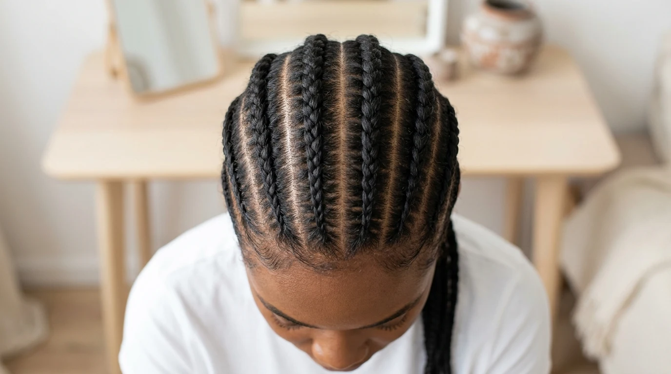 Clean overhead shot of straight-back cornrow braids with precise symmetrical partings.