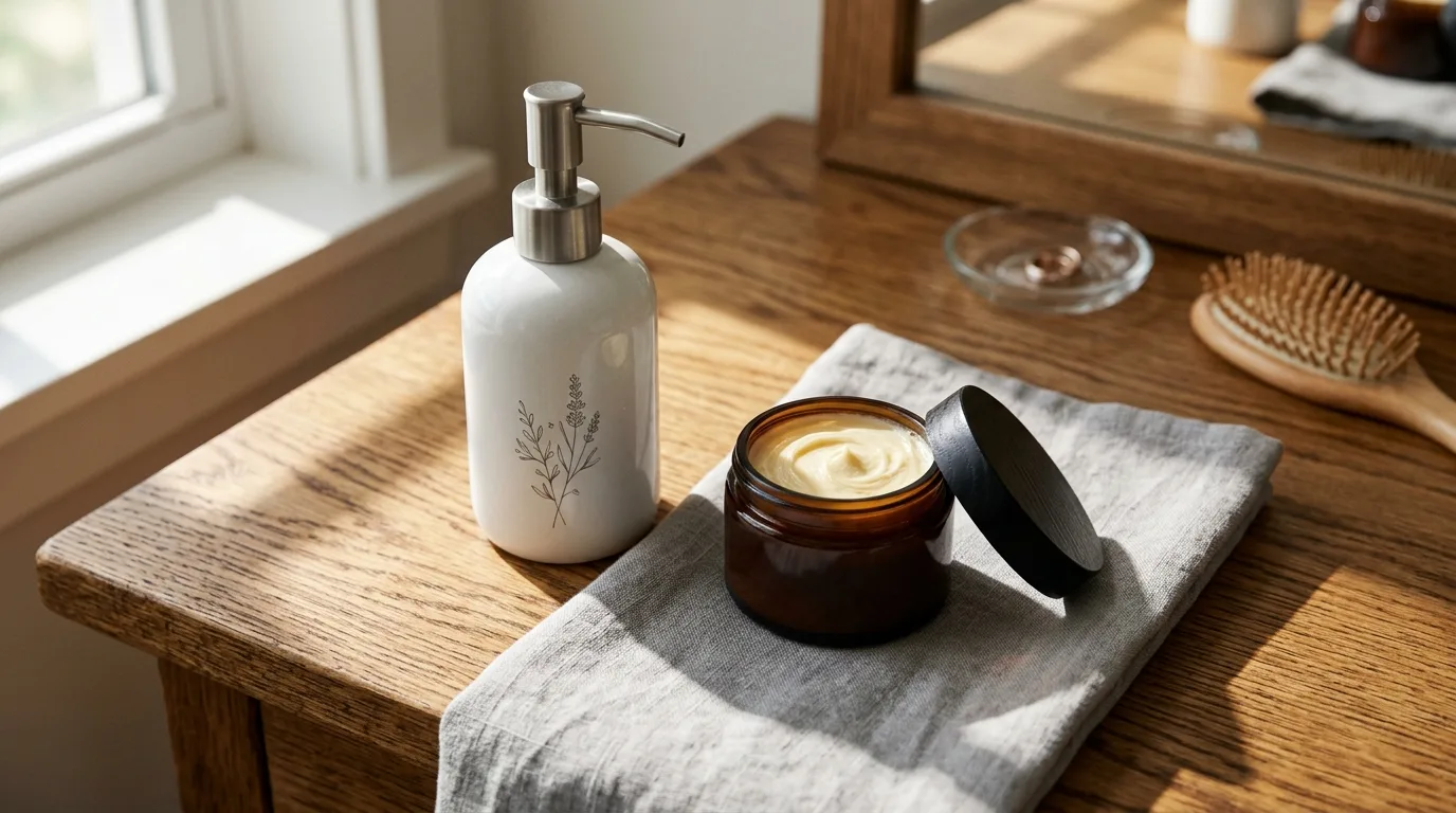 Hair styling mousse and rich curl cream containers sitting on an oak wood table in soft sunlight.