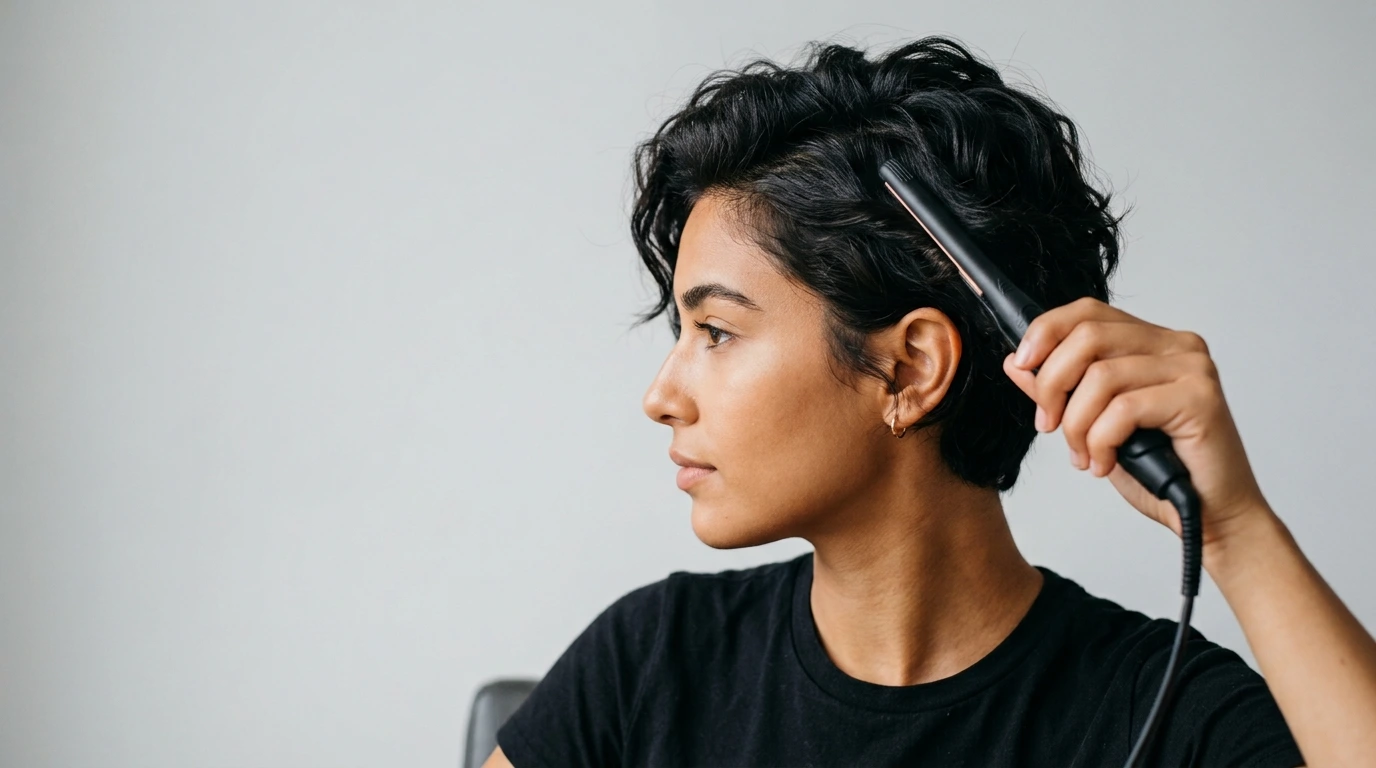 Side view of short hair being styled with a narrow half-inch flat iron to add texture.