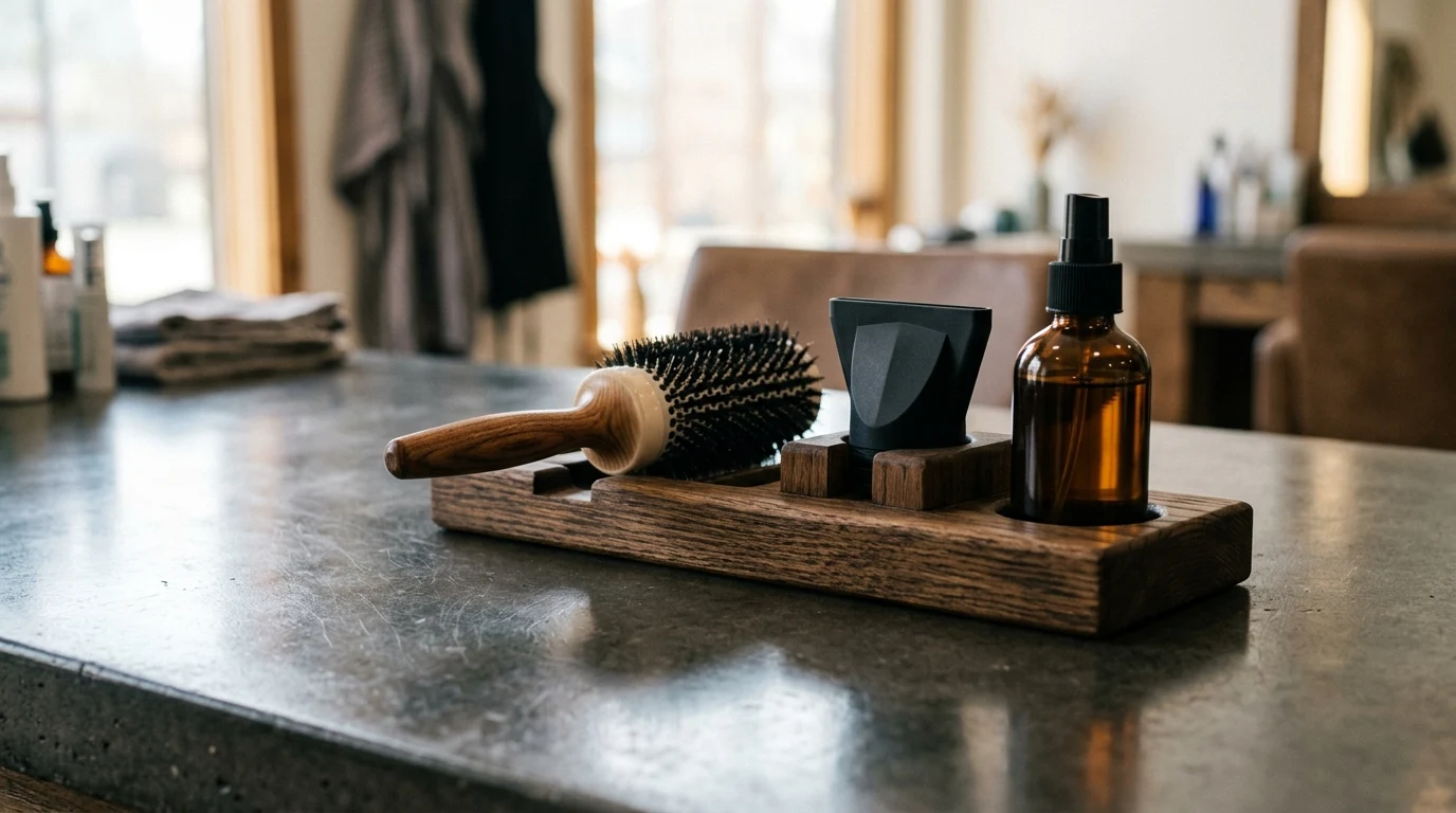 Ceramic round brush and ionic blow dryer set on a salon vanity counter.