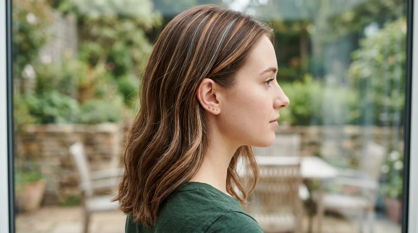 Fine brunette hair with hand-painted surface balayage ribbons to diffuse silver roots.