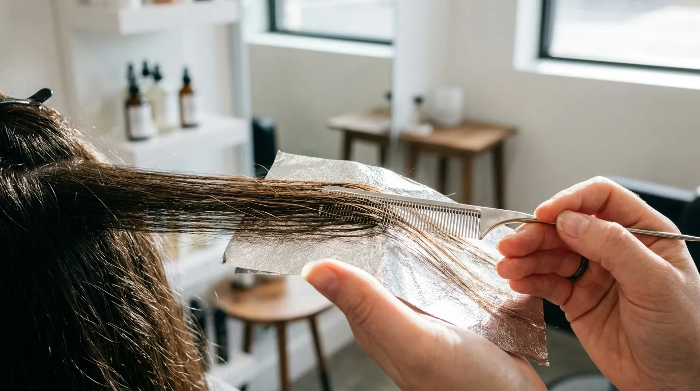 Tail comb weaving micro-slices of dark brown hair onto a silver foil sheet