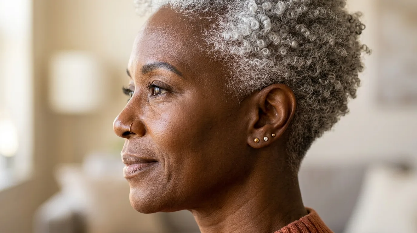 A mature black woman with a short tapered afro haircut showcasing natural silver coils.
