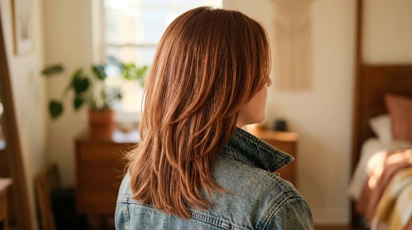 Medium layered terracotta apricot hair with warm copper and clay tones