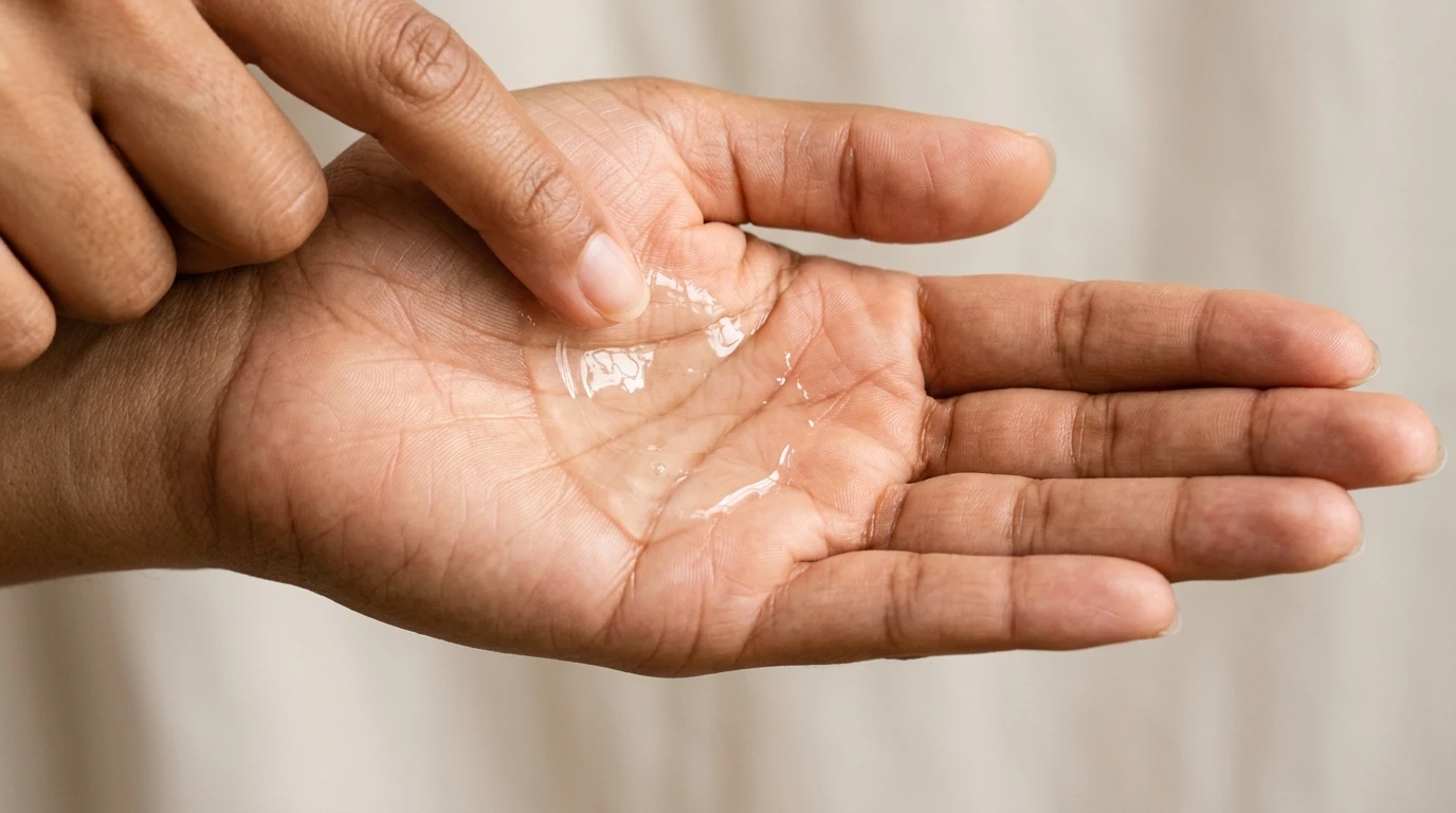 Palm of hand showing two clear hair styling fluids blending together smoothly without clumping.