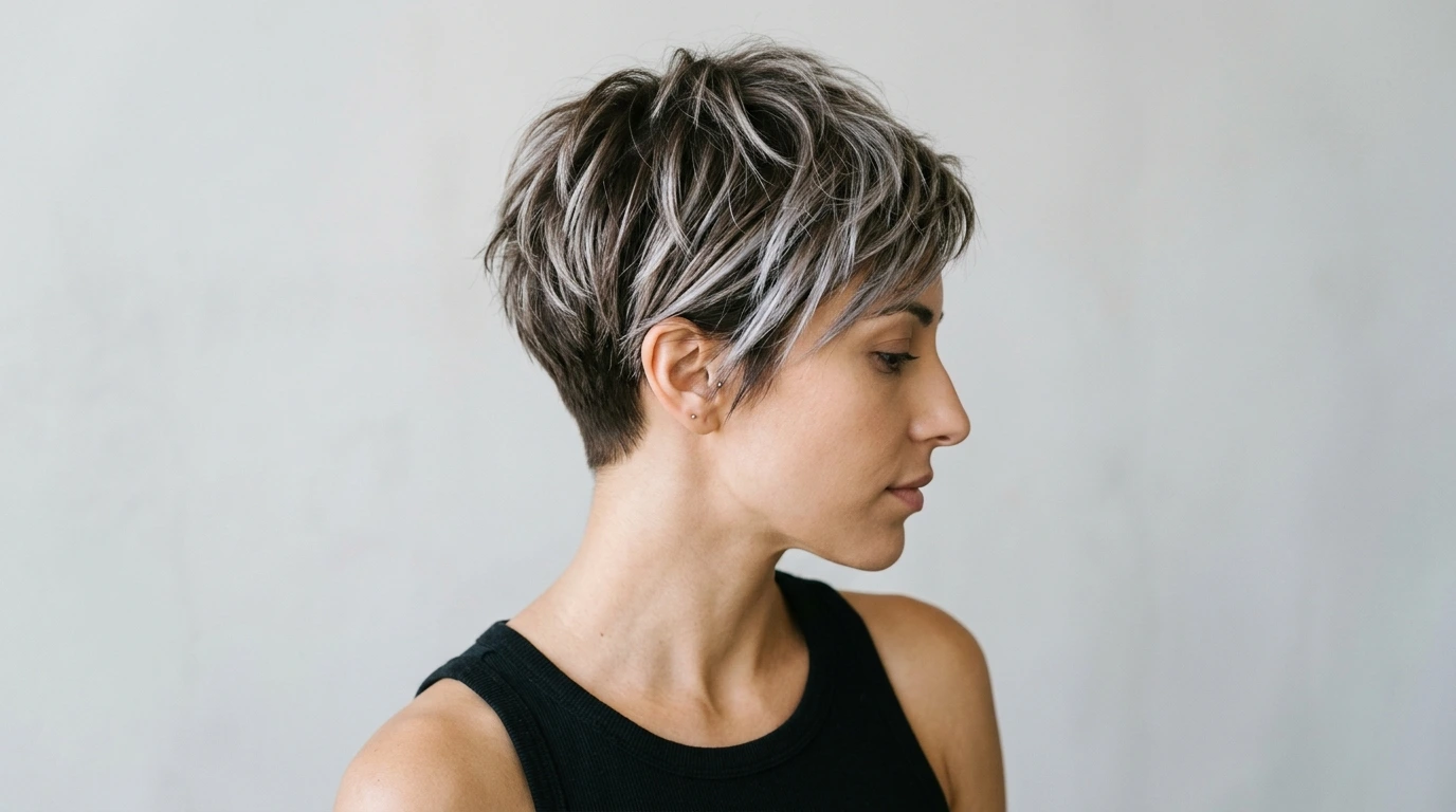 Textured pixie haircut with dimensional mocha and silver slices on dark hair.