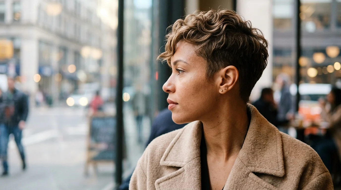 A black woman with a textured pixie haircut featuring tapered sides and soft crown curls.