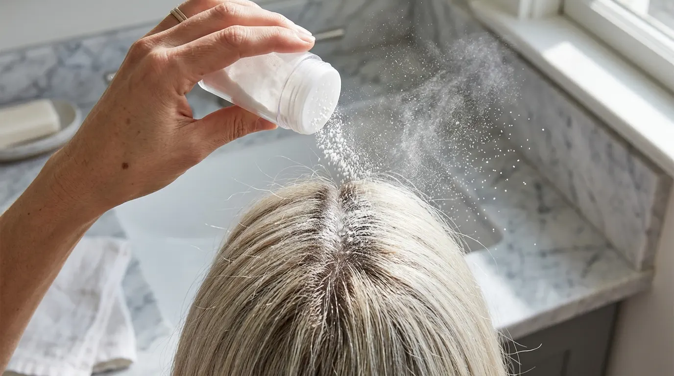 Fine silica volumizing powder being lightly dusted over the root parting of platinum blonde hair.