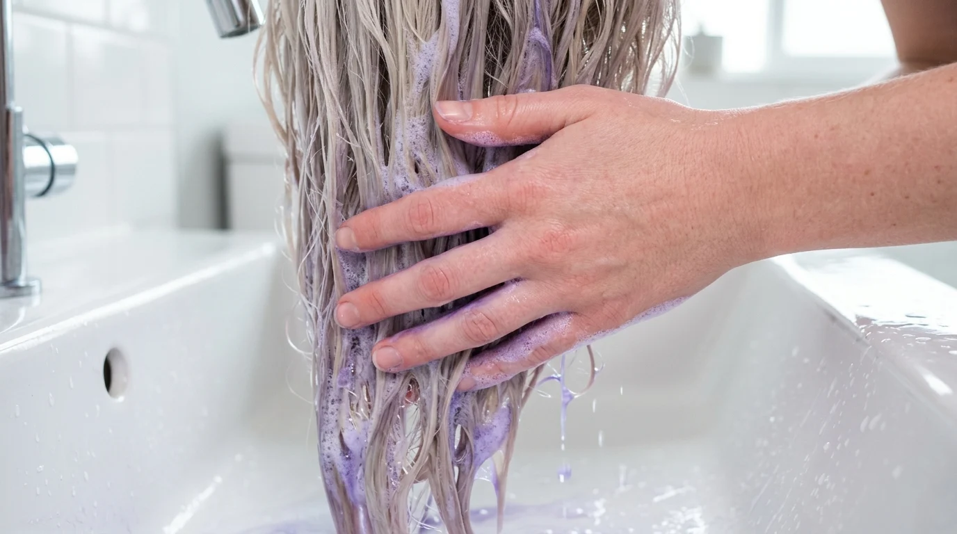 Violet liquid toner being lathered through wet bleached blonde hair in a white basin to cancel brassiness.