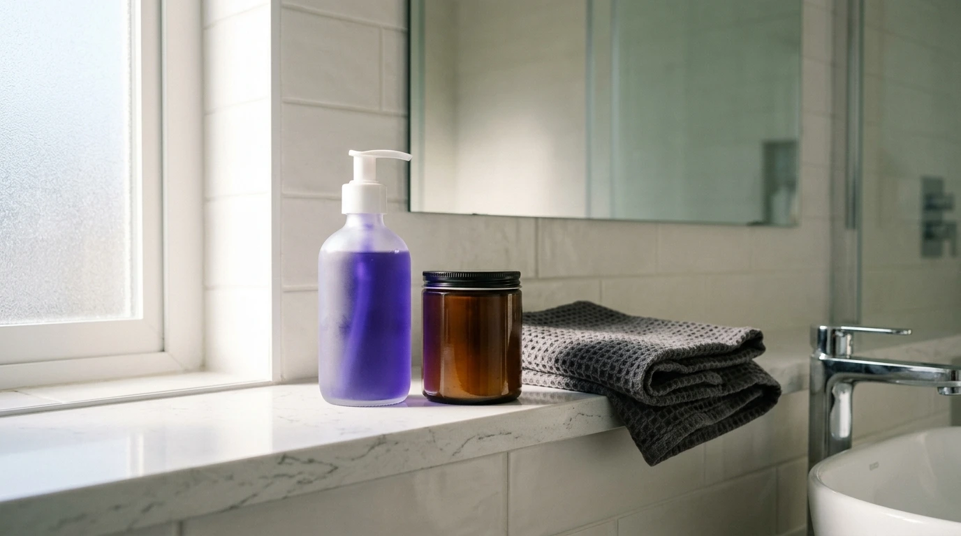 Violet shampoo bottle and brown color-depositing conditioner jar on a marble vanity.